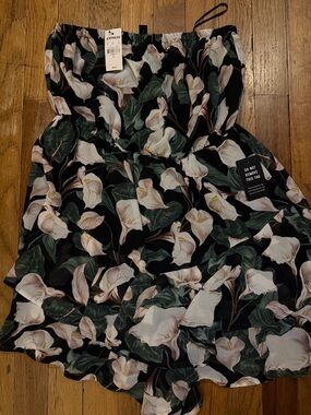 Express Black Strapless Floral Romper with White and Green Print